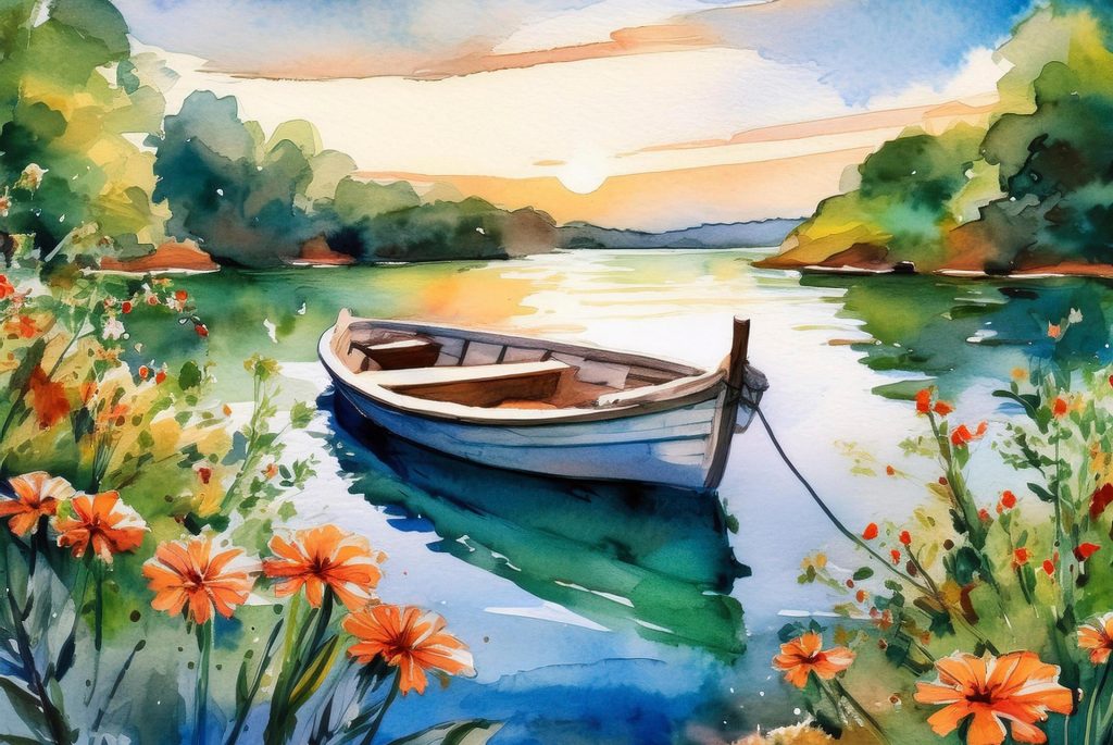 Watercolor of a boat on a lake.